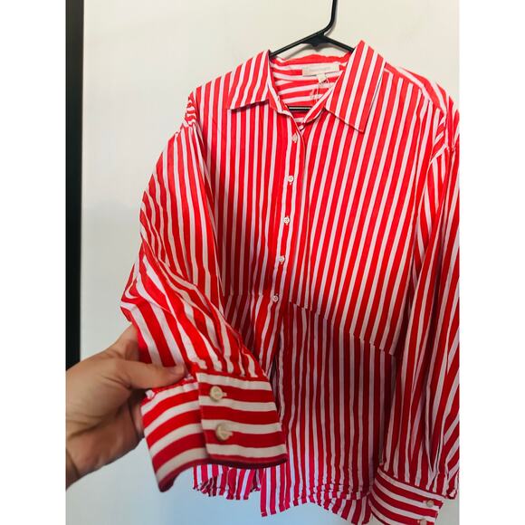 FAVORITE DAUGHTER Red White Stripe Pattern Front Button Open Hem Shirt sz Large - Picture 10 of 13